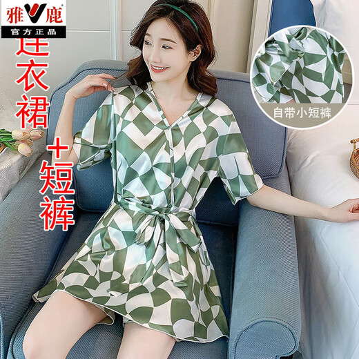 雅鹿网红大码200斤胖妹百搭冰丝睡裙女夏季薄款日式和服睡衣两件套装 1278白色圆圈字母【连衣裙+短裤 M 【80-95斤】
