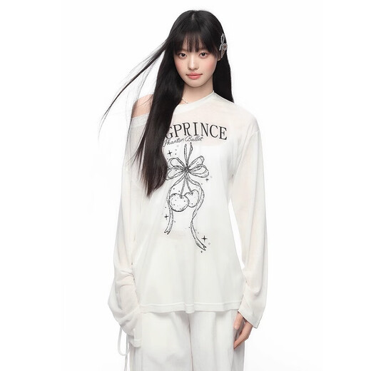 
Micro-transparent sunscreen blouse long-sleeved T-shirt for women's summer thin printed loose slimming top insGXXX96-60029 White L