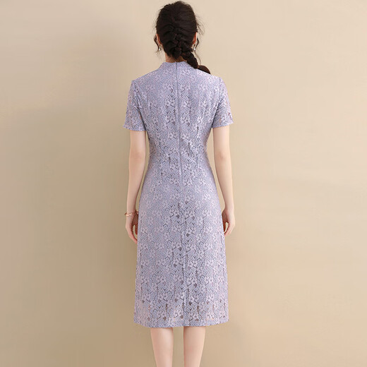 
OLJ light luxury brand dress for women 2025 summer new slim Chinese style cheongsam versatile acetate lace skirt Violet M