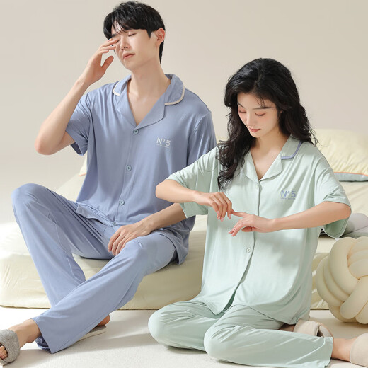 维秘艾米丽莎莫代尔情侣睡衣女春夏季款短袖长裤薄款家居服男女士开衫大码套装 N12109女N12309男 M 女