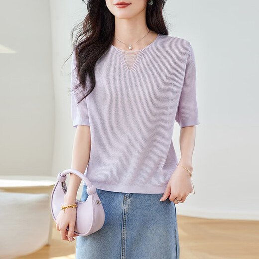 
OLJ Light Luxury Brand T-shirt for women in 2025 summer new striped knitted age-reducing loose design shoulder top gray and blue stripes M 90-105Jin [Jin equals 0.5 kg]