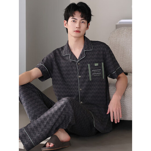 AIMU Meigui Pajamas Men's Summer Cotton Panton à manches courtes à manches courtes grandes taille Plus Fat Plus taille d'été Lycra Coton Coton Half-Mared Clothing Set 5009 (95 Coton + 5 Spandex) M (hauteur 165-170 poids 100-120)