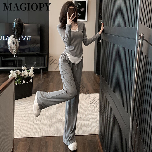 MAGIOPY国际奢侈高档品牌松弛感休闲运动套装女秋季款修身灰色假两件长袖 灰色 M(101-110斤)