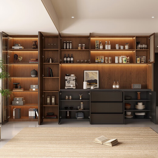 Quanpinwu 2025 NOUVEAU STYLE MÉDEVAL BATÉE MEUR INTÉGRÉ HIGH Armoire à vin Armoire de rangement Retro Armoire de rangement rétro American Walnut + Starry Sky Black Style 12240 * 32/4