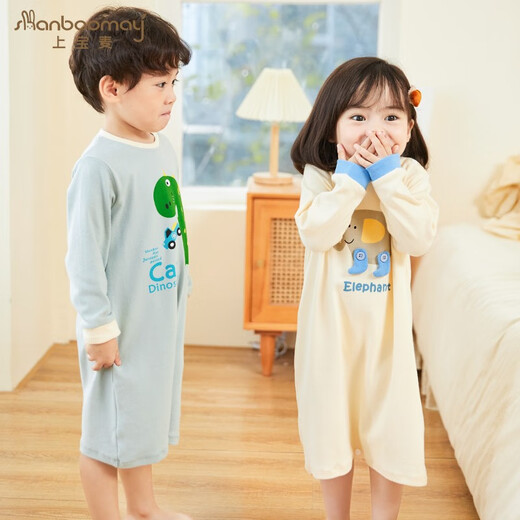 Shangbaomai Spring and Autumn Children's Nightgown Baby Pajamas Cotton One-piece Nightgown for Boys and Girls Little Elephant Light Beige 110cm