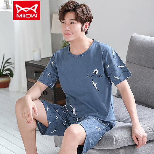 
Catman (MiiOW) pure cotton pajamas men's summer short-sleeved shorts for young students thin summer large-size pure cotton home clothing set D1996 (A679) L (110-130Jin [Jin equals 0.5 kg])