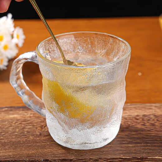 Summer hot style ins style glacier pattern glass cup with handle high-looking drinking cup men and women tea beer cup handle glacier cup tall style 300ml 1 piece