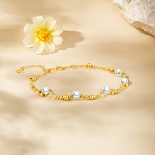Chao Acer Pearlescent Yellow 18K Gold Double Layer Bracelet Women's Pearl Colored Gold Bracelet Birthday Gift for Women Chain Approximately 16cm + Tail Chain