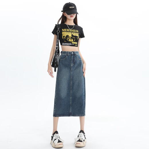 真维斯牛仔半身裙女2025夏季新款高腰显瘦开叉a字中长款复古包臀裙子女 3878怀旧蓝 L