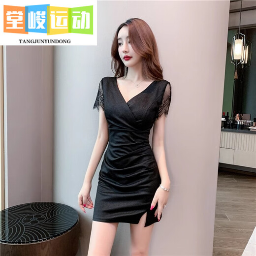 Tangjun Nightclub KTV sexy dress for women deep V dress SPA foot bath massage technician work clothes hip skirt nightclub 3883 black S suggest 80--95Jin [Jin equals 0.5 kg]