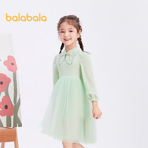 Balabala Children's Clothing Children's Dress Autumn and Winter Girls Woolen Splicing Mesh Princess Dress Western Fashionable Sweet Green Tone 00344 140