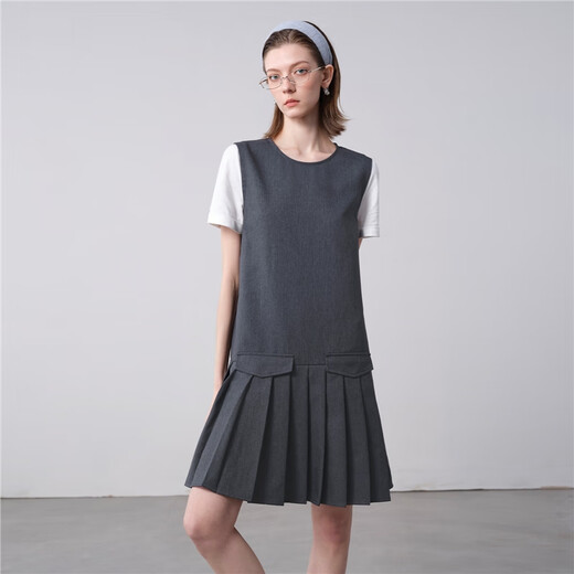 
Giordano designer pleated skirt for women with diagonal strap round neck fake two-piece dress 18465523