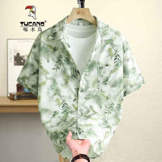 啄木鸟（TUCANO）夏威夷花衬衫短袖男夏季冰丝薄款沙滩情侣宽松休闲舒适个性衬衣 6636太湖绿 M