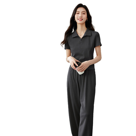 梵希蔓运动休闲套装女夏季新款Polo领t恤上衣阔腿裤两件套 碳灰色 S