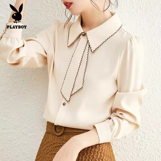 Playboy (PLAYBOY) Fashion Commuting Ribbon Shirt Women 2025 Spring and Autumn New Temperament Niche Versatile Professional Long Sleeve Bottoming Shirt Women Blue L