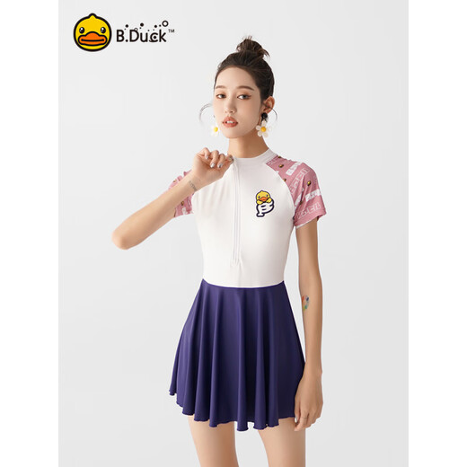 B.Duck新品泳衣女显瘦遮肚连体裙式长袖新款感保守防晒学生游泳衣 1049蓝色 L