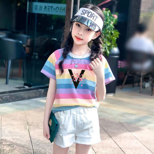 HARROW Little Duck Children's Clothing's Girls T-shirt à manches courtes pour les vêtements d'été pour femmes NOUVEAUX COTTON MIDE MIDE LAGES LES BRAINES À MANDE RAI-COLUSE LOBE À MANDE RAIS