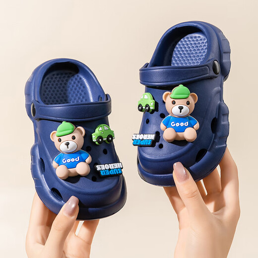 EVA children's Crocs cartoon bear summer sandals for boys and girls, middle and large children, indoor and outdoor wear, thick soles, non-slip, pink 34, inner length 20cm