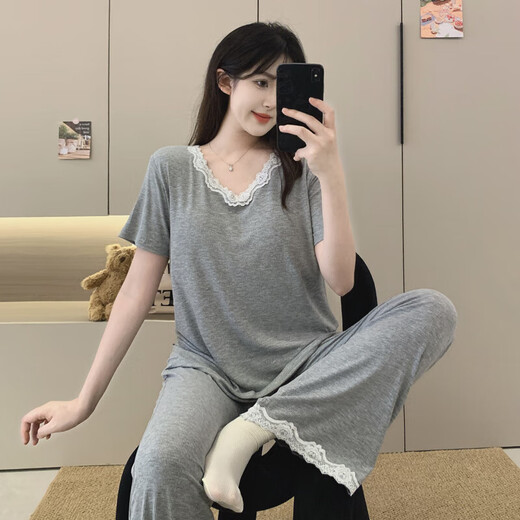 可外穿短袖睡衣女夏季甜美性感蕾丝花边莫代尔棉带胸垫套装家居服 1278黑色 XL 120-150斤