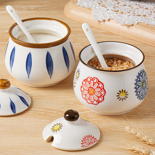 Baijie ceramic lard jar kitchen seasoning jar with spoon salt jar seasoning jar chili oil tank oil storage tank high temperature resistance