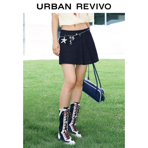 UR2025 Summer New Women's Retro College Style Casual Pleated Denim Shorts UWM850136 Indigo 25