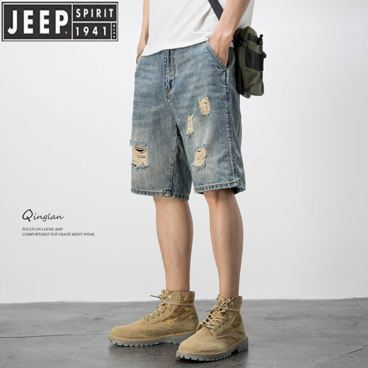 Jeep Spirit American Casual Retro Beggar a déchiré un short denim Shorts pour hommes et un pantalon à cinq points à la mode masculin en été. Moyen 719 bleu 28 95-110jin [Jin est égal à 0,5 kg]