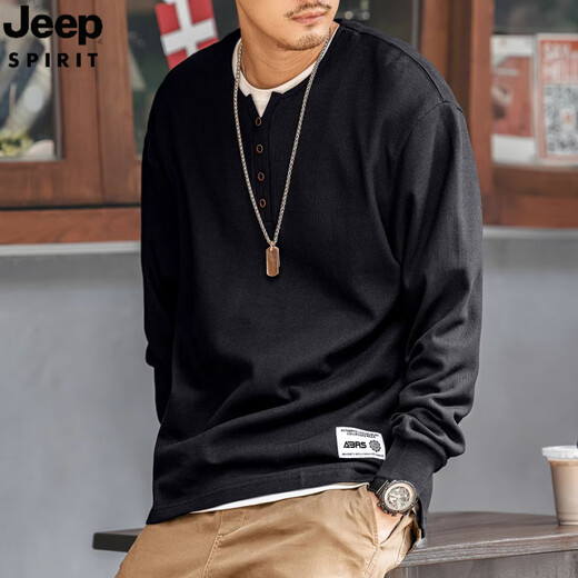 JEEP SPIRIT Jeep American Henry collar polo shirt for men in autumn pure cotton casual bottoming shirt sweatshirt for men loose long-sleeved T-shirt black L recommended 105-120Jin Jin equals 0.5 kg