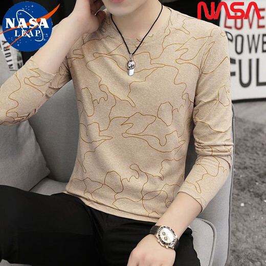 NASA LEAP中国风长袖T恤男士春秋冰丝棉圆领打底衫潮秋衣休闲修身青年简约 白色横条款长袖1518 均码 M80-100斤穿