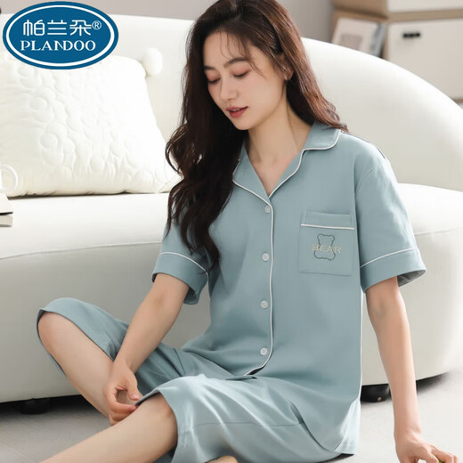 帕兰朵100新疆棉睡衣女夏季短袖七分裤大码开衫中青年女士套装外穿家居 n9898短袖七分裤开衫 XL (120-140斤)