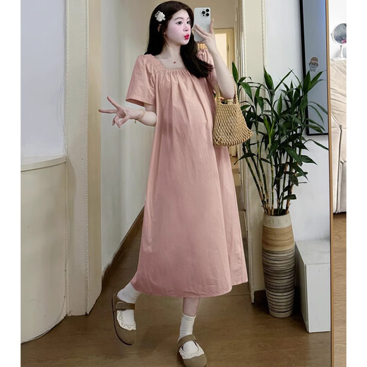 Yezhi maternity dress summer 2025 new sweet square collar maternity dress loose large size women's clothing one-shoulder maternity dress [pink] L size