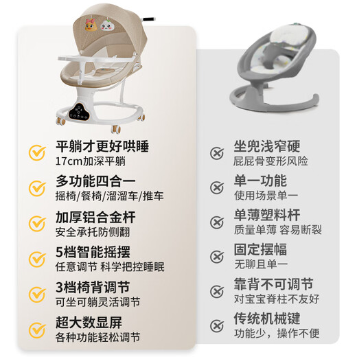 趣吖婴儿摇摇椅哄娃神器宝宝电动摇篮床躺椅哄睡新生儿安抚平躺椅推车 暖阳杏 礼盒旗舰款 7件套 67*21*68