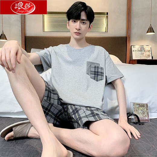 Langsha Pure Cotton Herren Pyjamas Sommer kurzärmelige Shorts Home Clothes Herren Sommer Dünne losen Plus-Size-Anzug HD9930 Kurzärärmig Anzug Herren L 100-130jin [Jin gleich 0,5 kg]