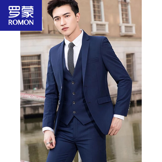 罗蒙（ROMON）西服套装男士西装外套职业正装上班面试黑色伴郎工作服商务小西服 两粒扣黑色西服+西裤+衬衫+领带 2XL 130-145斤