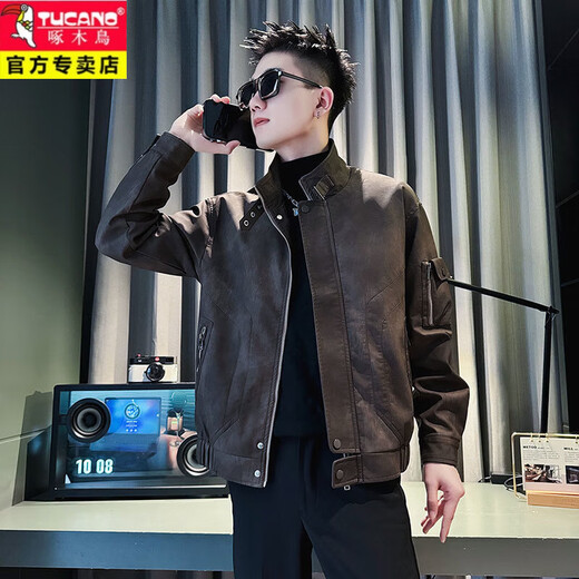 啄木鸟（TUCANO）皮衣外套男秋冬款加厚痞帅美式复古短款皮褂子飞行员机车服夹克衫 咖色 A343-JK180收藏加购优先发 M