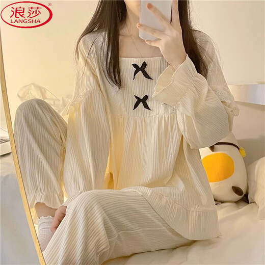Langsha Pyjamas (Langsha) Frauen Frühlings- und Herbst-Spitzen-Spitzen-Lace Casual Princess Style Bow 2025 Neues Ins Girls 'Home Clothing Set 1105 Butterfly Spitzenkragen [Langarmanzug] M 70-95jin [Jin gleich 0,5 kg]