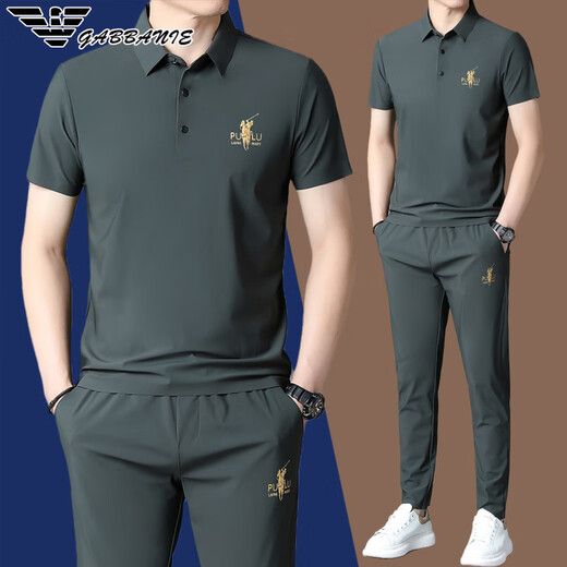 FALAMONE2025春秋新款阿玛尼运动套装男桑蚕丝中年翻领一套休闲服 【826卡其】夏季套装 M 165建议98-120斤