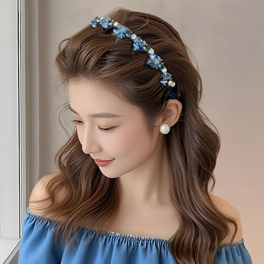 Kamalun (KAMALUN) high-end exquisite high-top headband for women heavy industry light luxury crystal hairpin blue rhinestone toothed fluffy headband hair hole light purple fluffy face small