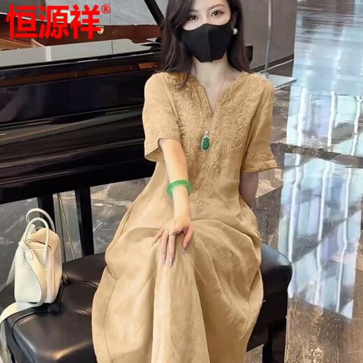 Hengyuanxiang new Chinese style embroidered ramie dress for women 2025 summer new style loose casual linen long skirt light purple L recommended 115-130Jin [Jin equals 0.5 kg]