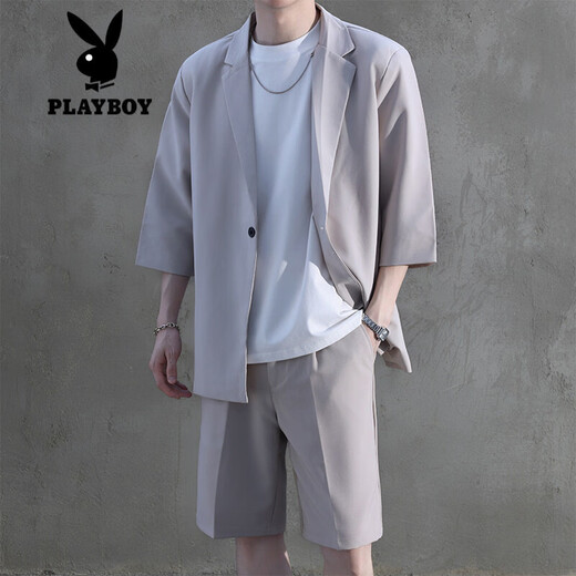 
Playboy (PLAYBOY) 2-piece short-sleeved suit for boys 2025 summer new suit jacket with five-point trousers for men dark gray S
