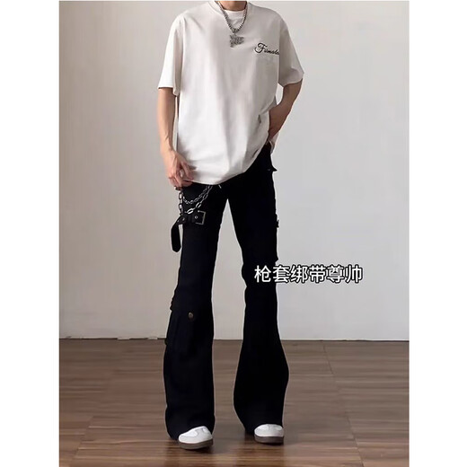 POUM American high street scimitar jeans for men in autumn vibe strappy jeans for men with all-match workwear pants for men DF-411 black L recommended 105--120 Jin Jin equals 0.5 kg