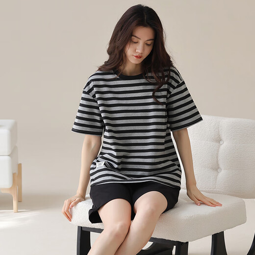 红豆（Hodo）2025睡衣女夏季短袖短裤黑色条纹休闲可外穿简约家居服套装 XYZT9885_套装 M _建议75-95斤