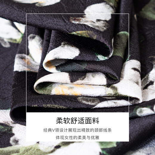 ROEYSHOUSE罗衣时尚V领收腰连衣裙女2025夏季新款荷叶袖优雅缎面中长裙12171 花色 S