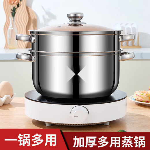 Enshousu thickened stainless steel soup steamer multi-layer steaming large capacity universal double-layer steamer steel handle steel handle + steaming grid double layer 26cm