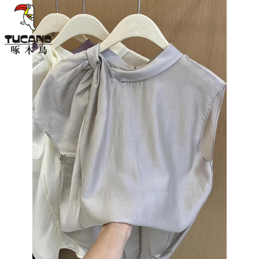 Woodpecker Ice Silk Niche Design Beautiful Sleeveless Shirt Women's Summer Korean Style Sweet Temperament French Top 6160-Purple XL Recommended 115-125Jin Jin equals 0.5 kg