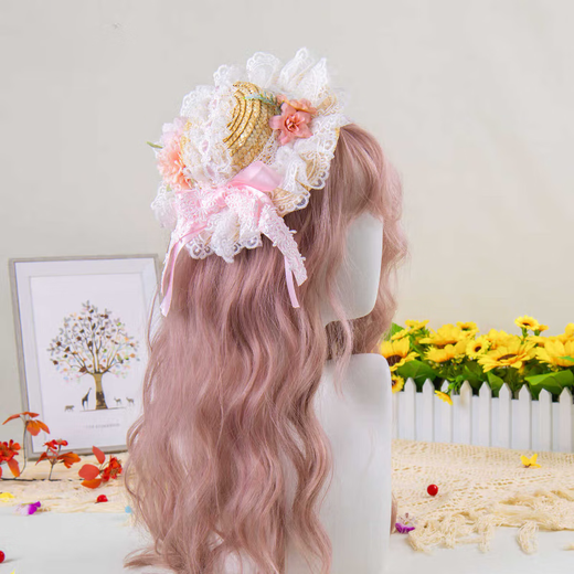 CLCEY design straw hat elegant forest style flat hat lace bow hairpin small top hat blue