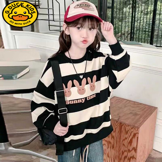 G.DUCKKIDS女童卫衣秋装2025新款中大童洋气春秋款小女孩秋冬季加绒上衣 黑白条纹春秋款 不加绒 120 建议身高115以内