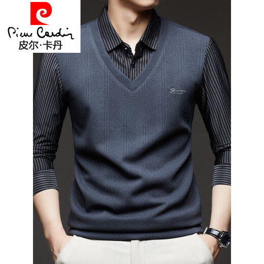 Pierre Cardin gefälschte zweiteilige langärmelige T-Shirt für Männer 2025 Herbst Neuer Trend Top Business Casual Base Shirt Z9758 Grau One Size 120 [141-160]