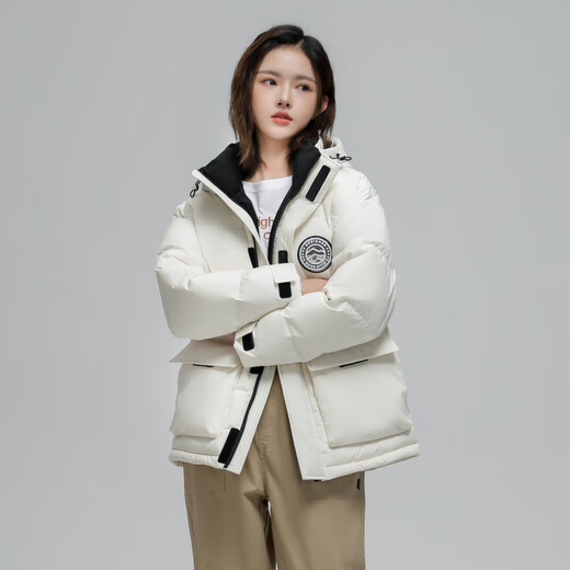 Snow Flying Down Jacket for Women, versatile and fashionable casual men and women same style three-dimensional workwear, large pocket stand collar hooded long down jacket, white 8162 XS /160/80A