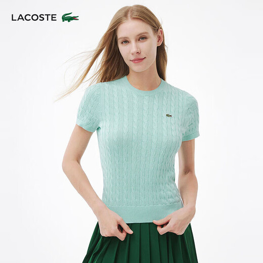 LACOSTE女装25春夏新款时尚绞花短袖套头纯棉毛衣| 70V/米白色 XS 34