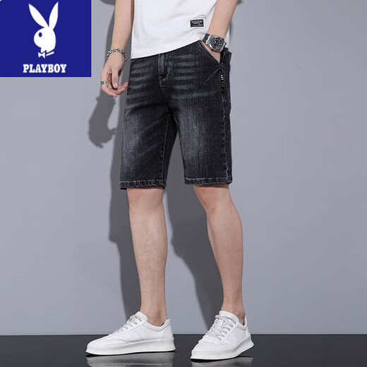 Playboy (Playboy) Denim Shorts Herren Sommer dünne koreanische Stil trendy losen geraden Männer lässige, hübsche hübsche Fünf-Punkte-Mid-Hose 671 Blue Grey 1 Strip 34 (2 Fuß 7)